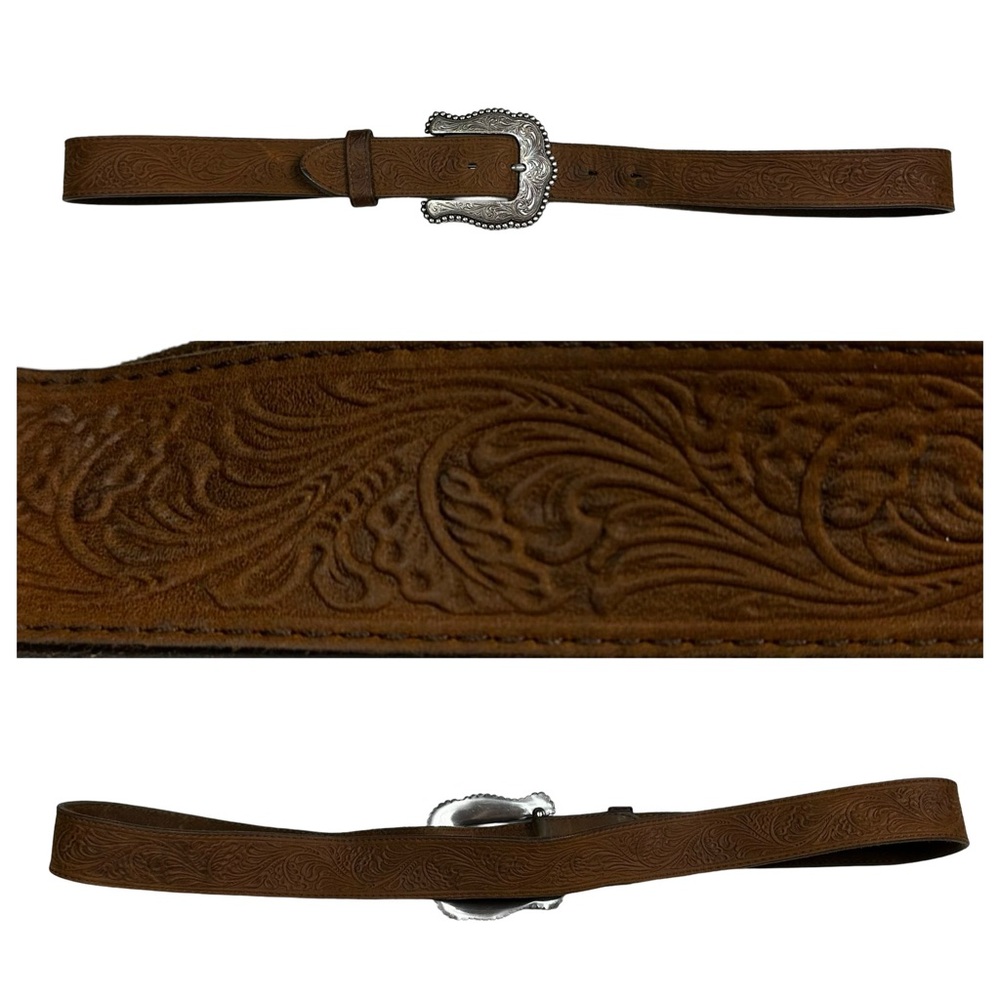 Tony Lama Western Brown Tooled Leather Filigree Silver Ornate Buckle Belt 38